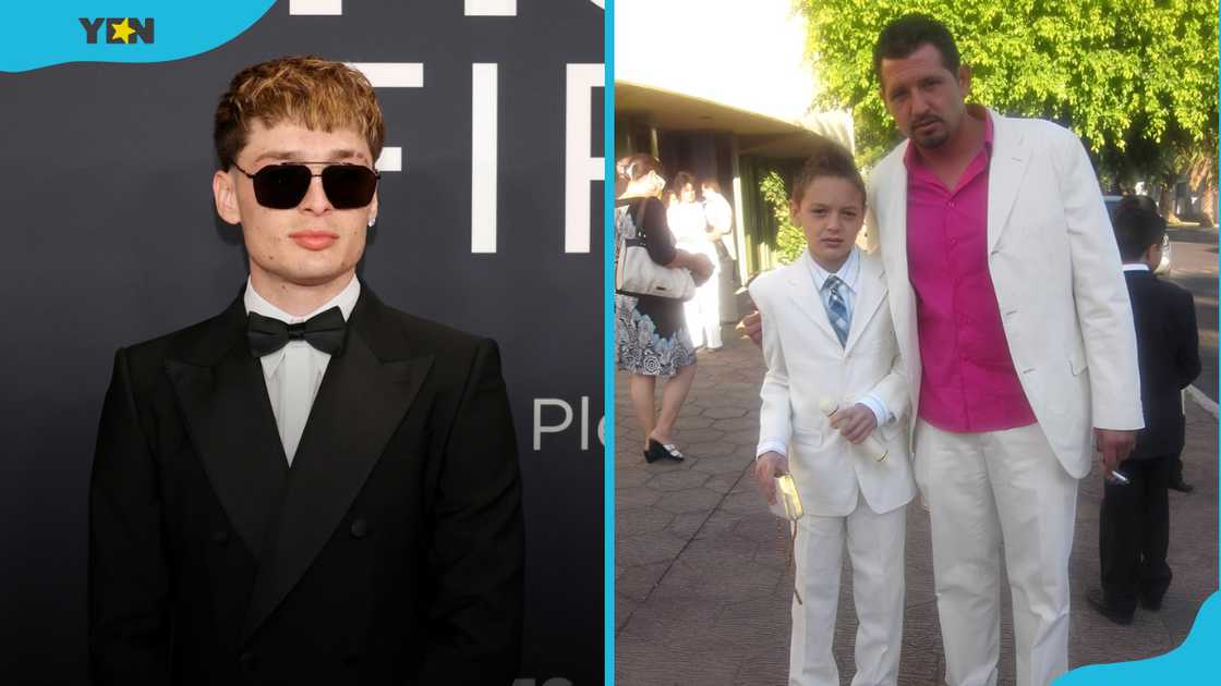 Peso Pluma at the Grammys (left). He poses with his father, Hassan Kabande Toledo (right) Peso Pluma at the Grammys (left). He poses with his father, Hassan Kabande Toledo (right)