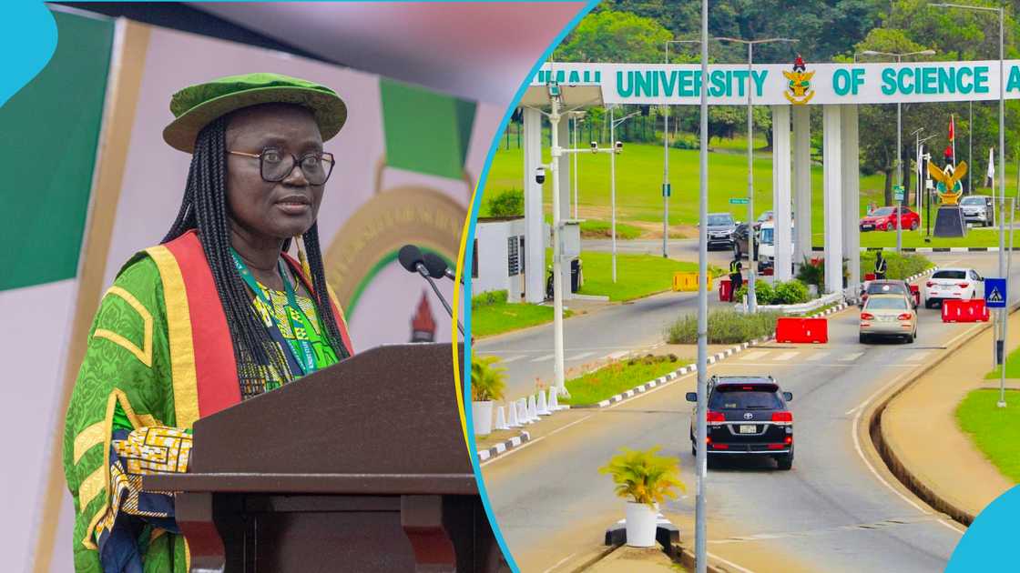 KNUST lecturer during the graduation and the university's main entrance gate. KNUST lecturer during the graduation and the university's main entrance gate.