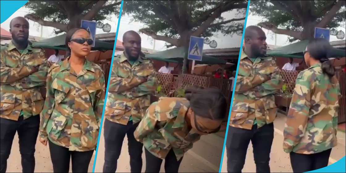 Efia Odo and Ras Nene dressed in military uniform for a new skit