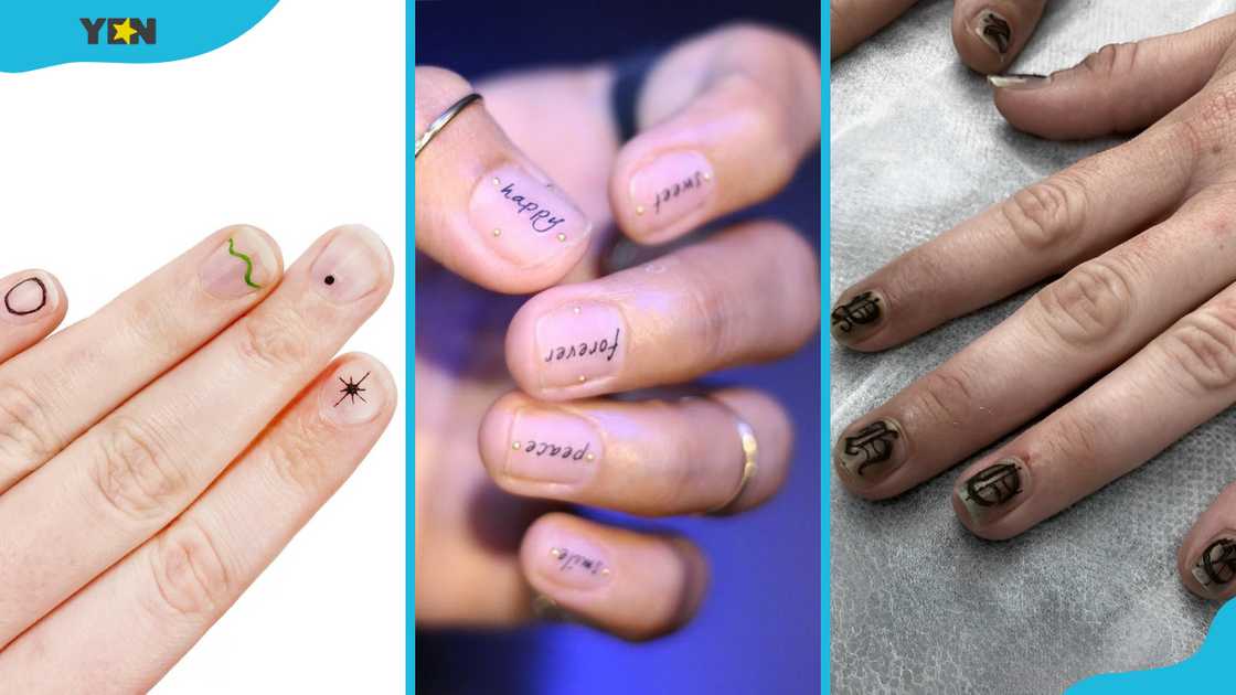 Artistic nail tattoos: minimalist symbols (L), delicate script (C), and bold gothic lettering (R). Artistic nail tattoos: minimalist symbols (L), delicate script (C), and bold gothic lettering (R).