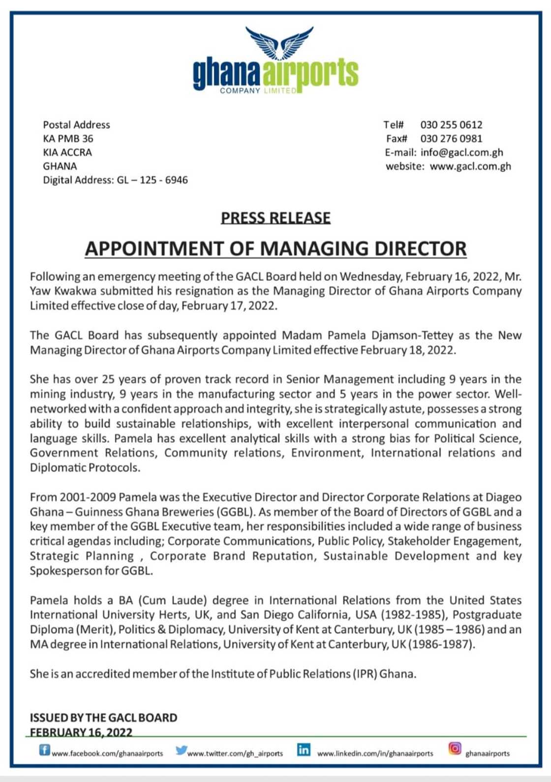 Pamela Djamson-Tettey appointed new MD of Ghana. Source: GACL Pamela Djamson-Tettey appointed new MD of Ghana. Source: GACL