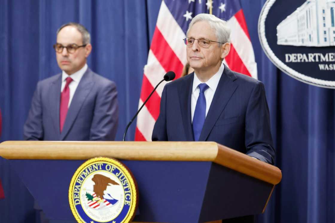 US Attorney General Merrick Garland speaks alongside Assistant Attorney General Jonathan Kanter to unveil charges against RealPage