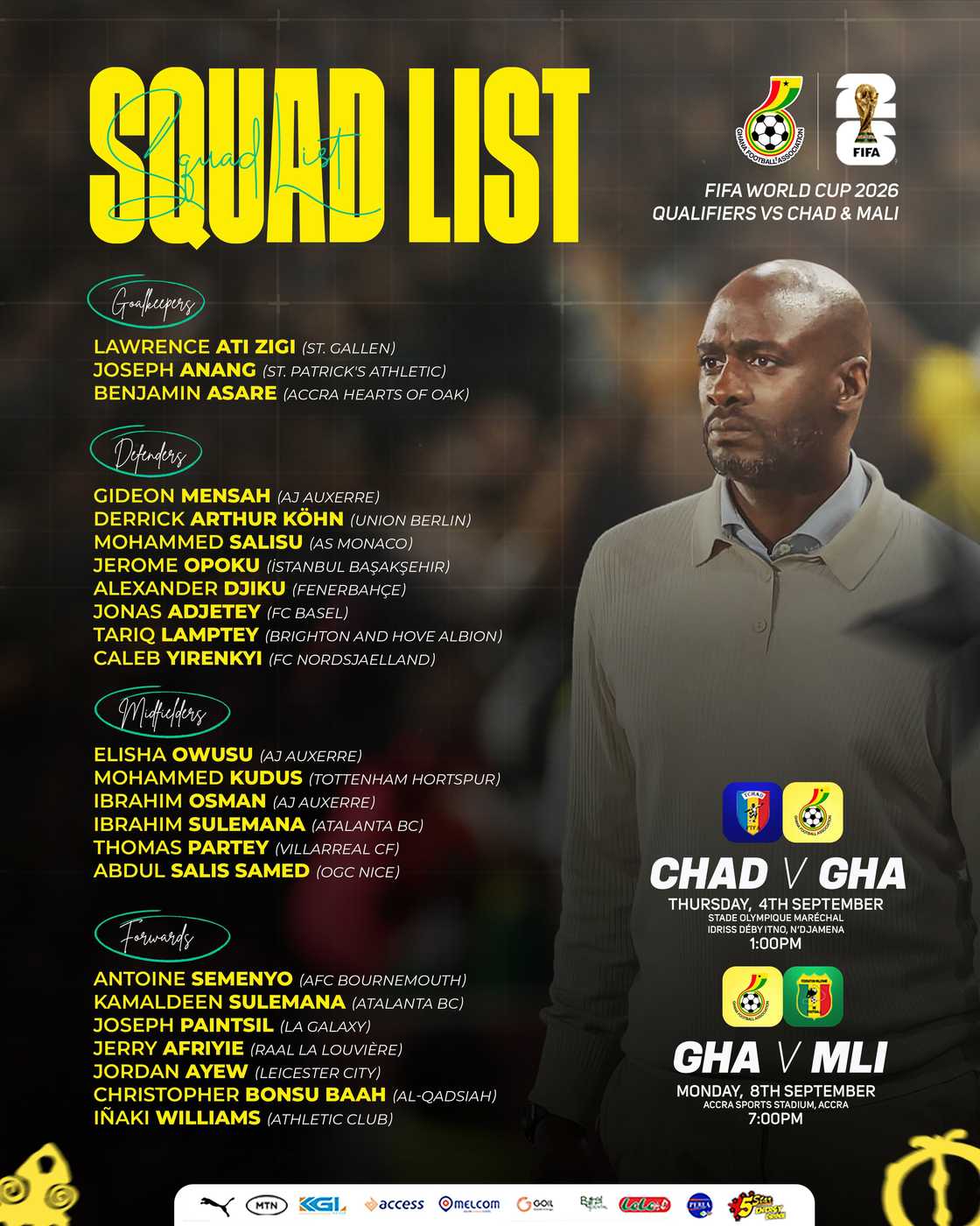 Chad vs. Ghana World Cup qualifier, Predicted Ghana starting lineup vs Chad, World Cup 2026 qualifiers, Chad vs. Ghana kickoff time