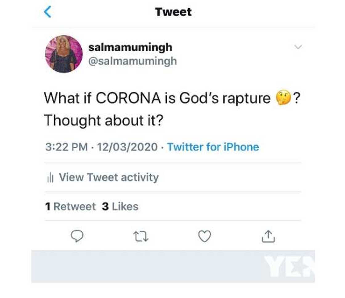 Coronavirus: Salma Mumin wonders if outbreak is God's rapture Coronavirus: Salma Mumin wonders if outbreak is God's rapture