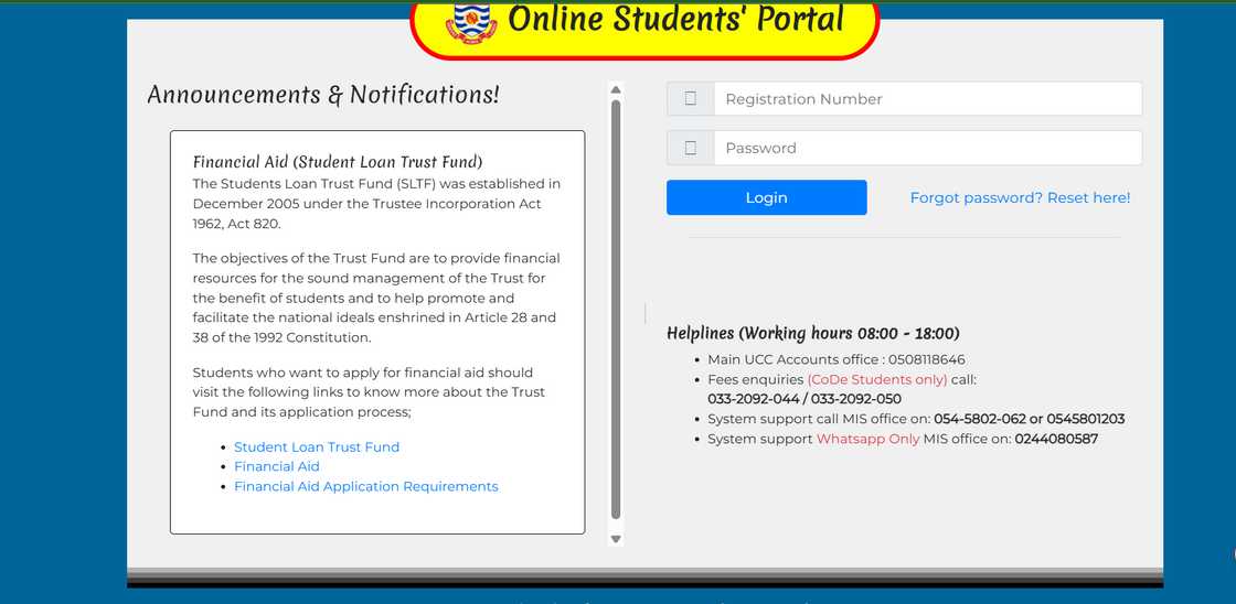 UCC main student portal page UCC main student portal page