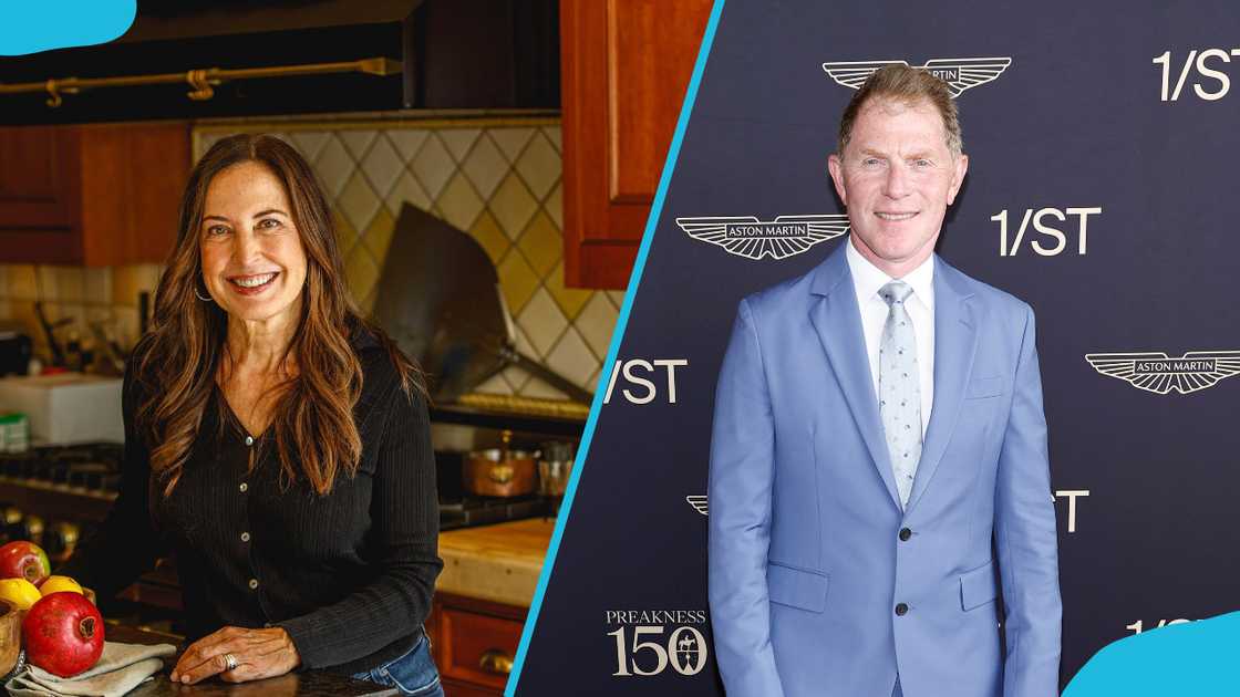 Debra Ponzek in the kitchen (L). Bobby Flay poses in a blue suit (R). Debra Ponzek in the kitchen (L). Bobby Flay poses in a blue suit (R).