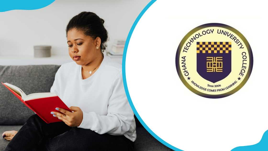 A woman reading a red-covered book and the GTUC logo