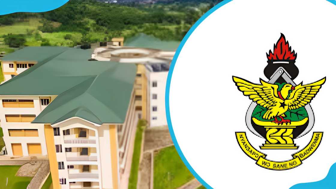 A view of KNUST's classroom blocks (L). KNUST's logo (R)