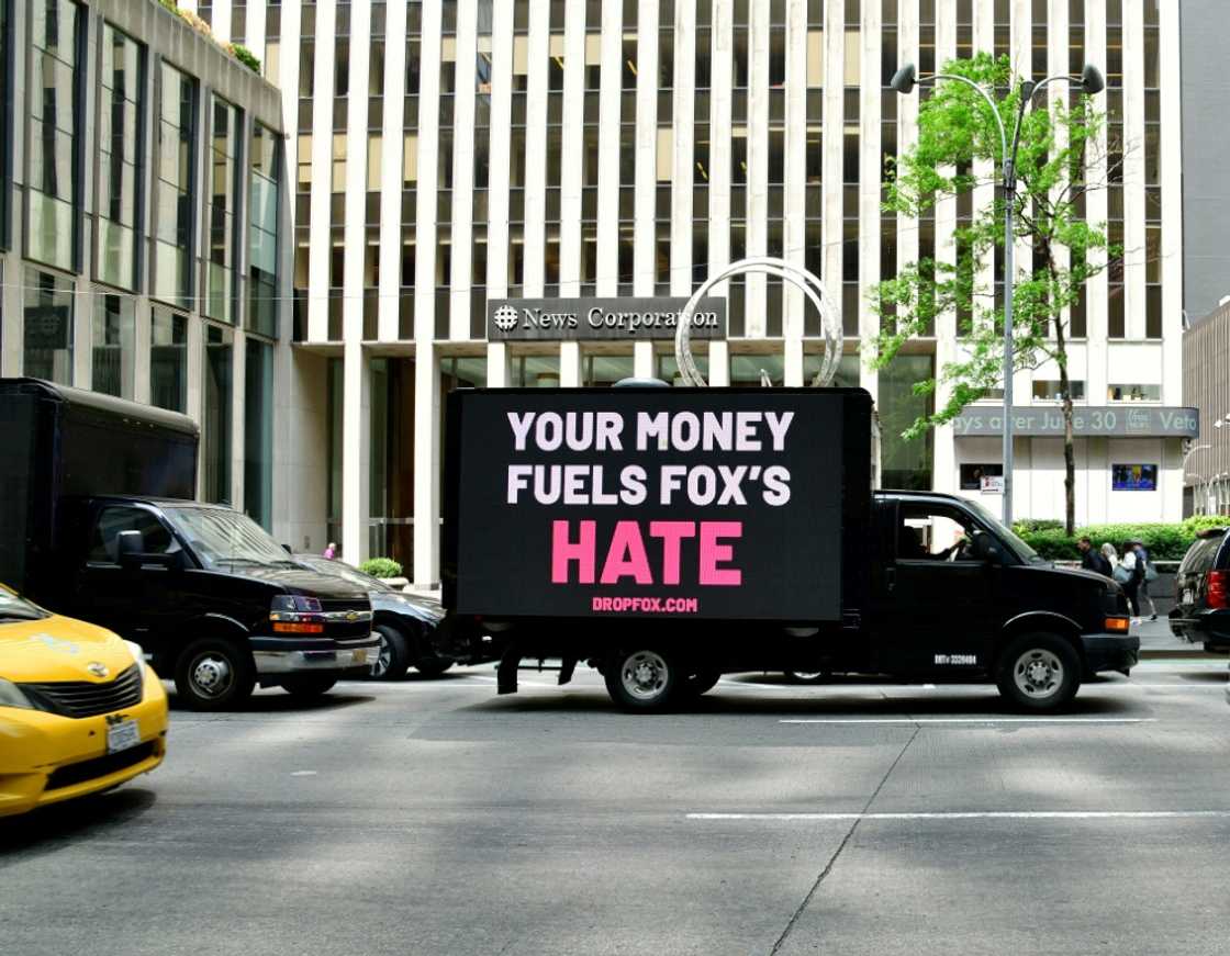 Mobile billboards circle Fox headquarters in May 2023 with a message aimed at advertisers not to fund Fox News Mobile billboards circle Fox headquarters in May 2023 with a message aimed at advertisers not to fund Fox News