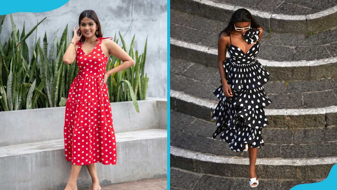 Two models showcase different variatons of the polka dot dress. Two models showcase different variatons of the polka dot dress.