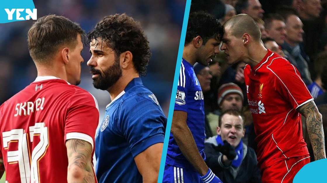 Diego Costa clash with Martin Skrtel, Chelsea vs Liverpool legends match, Stamford Bridge charity game, Premier League legends reunion, Costa yellow card incident, football charity match drama, Diego Costa temper, Martin Škrtel tackle, Eden Hazard Chelsea