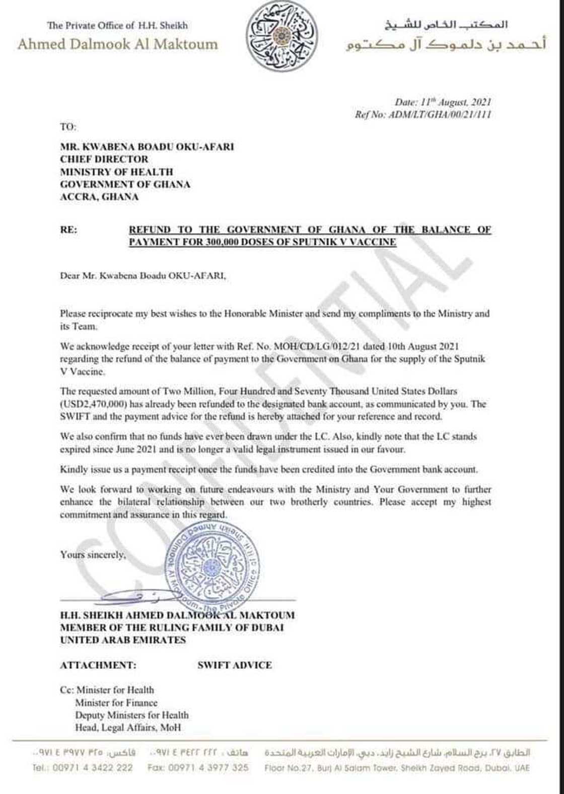 Sheikh Al Maktoum finally refunds the US$2.4m meant for Sputnik V vaccine to Ghana Sheikh Al Maktoum finally refunds the US$2.4m meant for Sputnik V vaccine to Ghana
