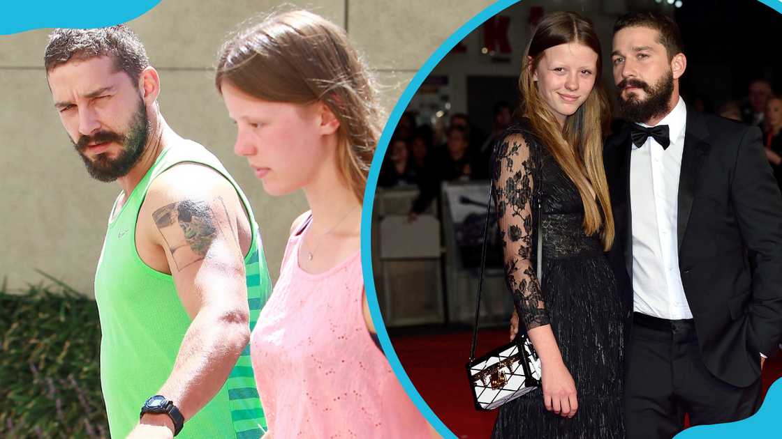 Mia Goth and Shia LaBeouf walk in Los Angeles (L) and at the closing-night Gala screening of "Fury" (R).