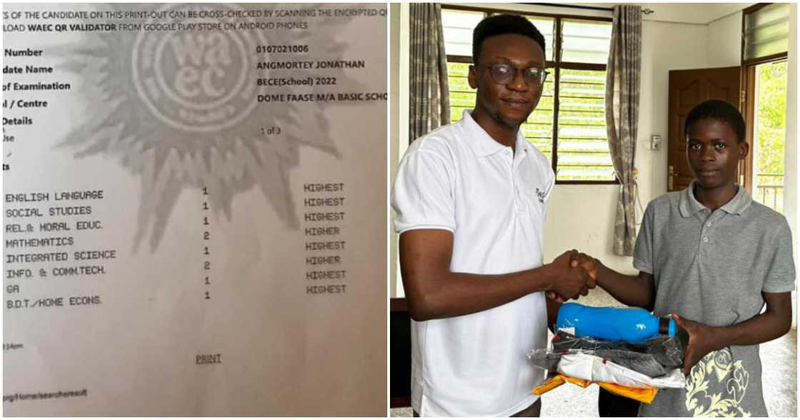 Photo of Ghanaian orphan's BECE results and after he received help from charity. Photo of Ghanaian orphan's BECE results and after he received help from charity.