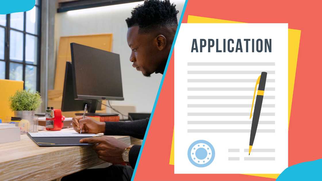 A man writing an application letter and a vector application form. A man writing an application letter and a vector application form.