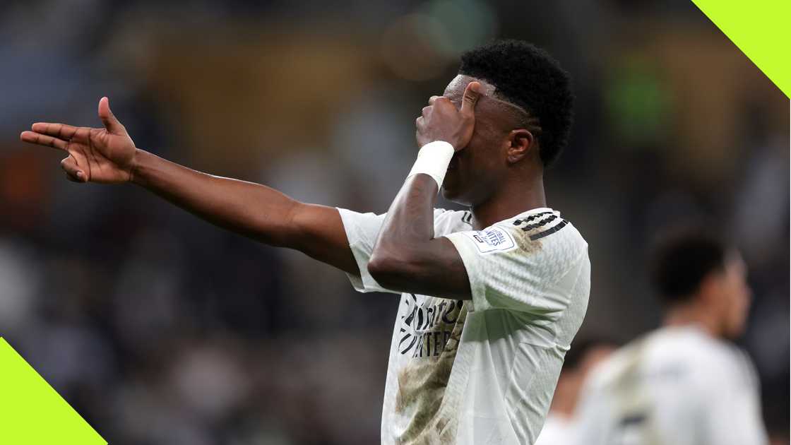 Vinicius Junior performed his now-customary gun celebration after netting against Pachuca. Photo by Mohamed Farag - FIFA. Vinicius Junior performed his now-customary gun celebration after netting against Pachuca. Photo by Mohamed Farag - FIFA.