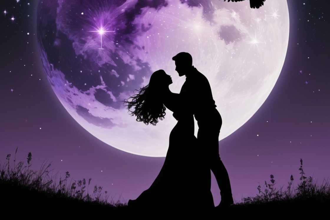 A ouple hugs at night against a big moon A ouple hugs at night against a big moon