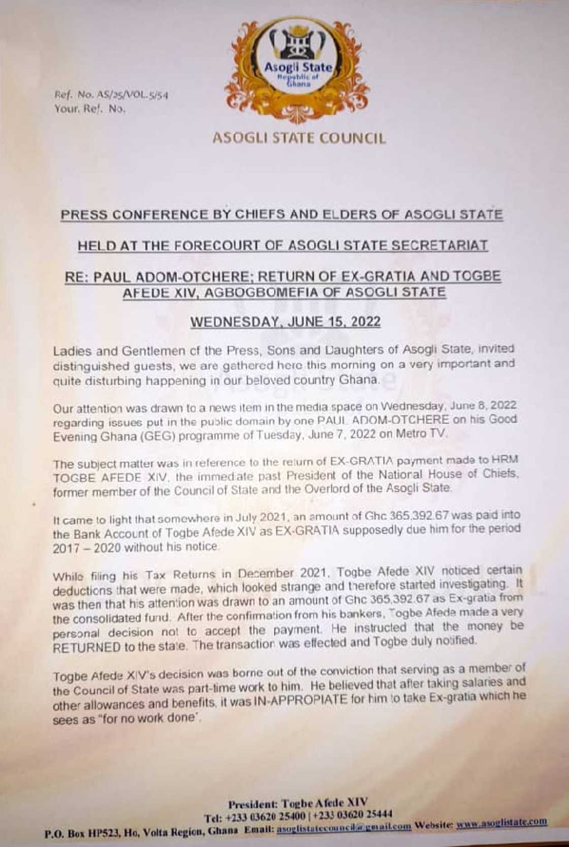 Asogli State Council press release on Paul Adom-Otchere