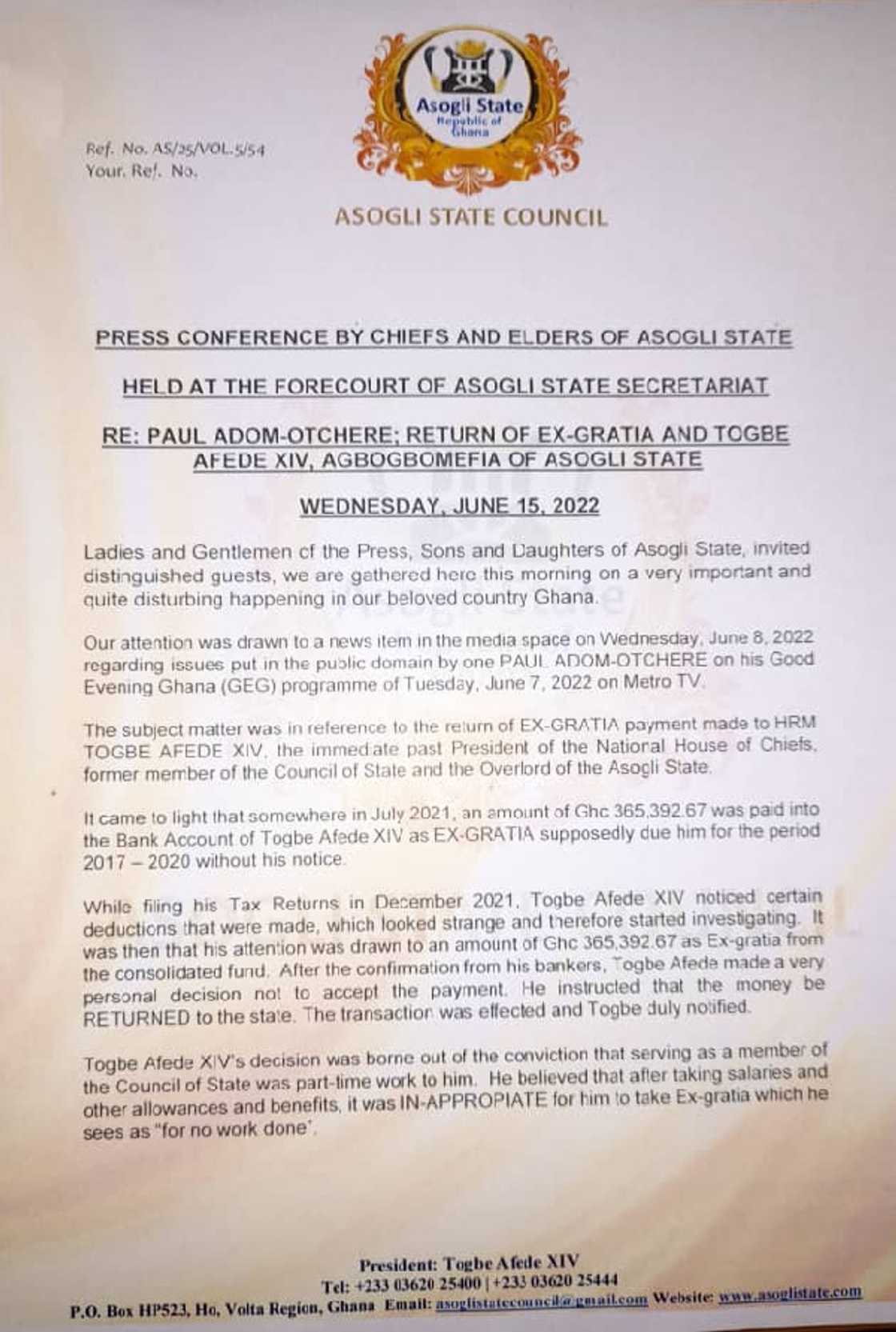 Asogli State Council press release on Paul Adom-Otchere Asogli State Council press release on Paul Adom-Otchere