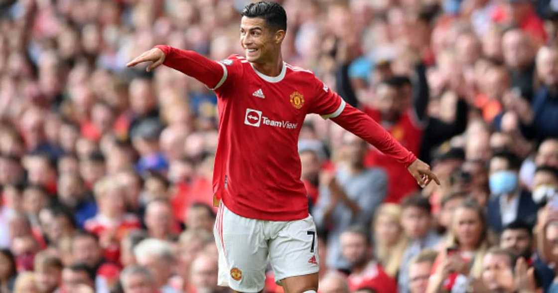 Cristiano Ronaldo of Manchester United smiles during the Premier League match between Manchester United and Newcastle United at Old Trafford on September 11, 2021 in Manchester, England. (Photo by Laurence Griffiths/Getty Images)