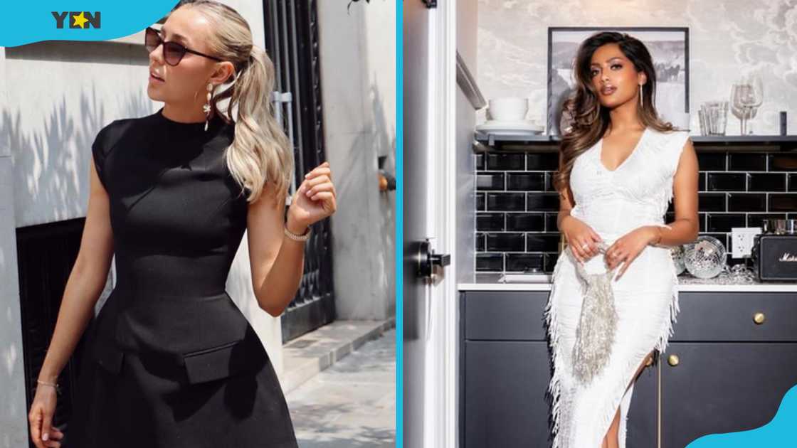 Women wearing dresses with cap sleeves. Women wearing dresses with cap sleeves.