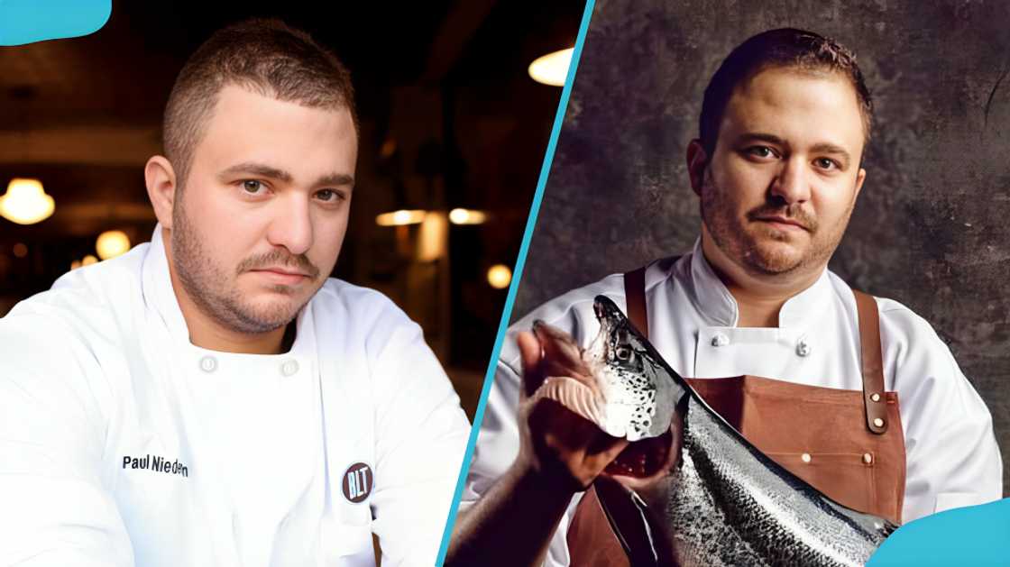 Paul holding a fish and wearing a chef's white uniforms Paul holding a fish and wearing a chef's white uniforms