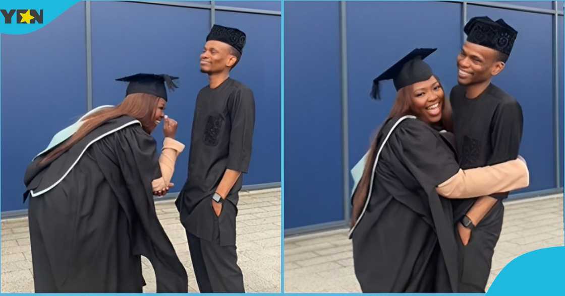 Photo of a university graduate in happy mood with her husband.