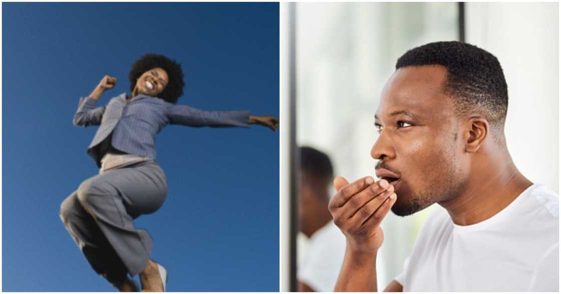 Woman jumping for joy, surprised man