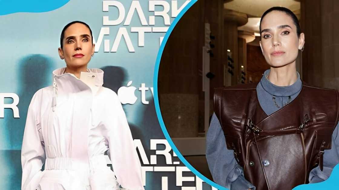 Jennifer Connelly in a white jacket (L). The actress in a dark maroon jacket and blue top (R). Jennifer Connelly in a white jacket (L). The actress in a dark maroon jacket and blue top (R).