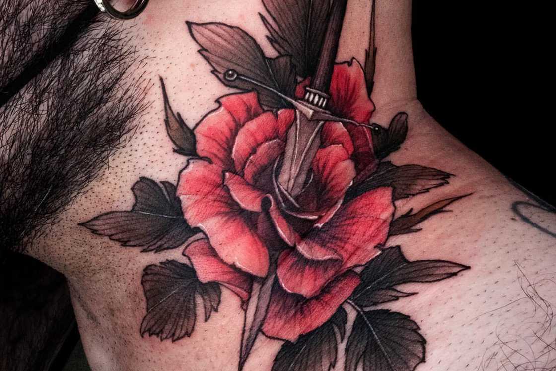 Neo-traditional red neck rose tattoo with a dagger piercing through Neo-traditional red neck rose tattoo with a dagger piercing through