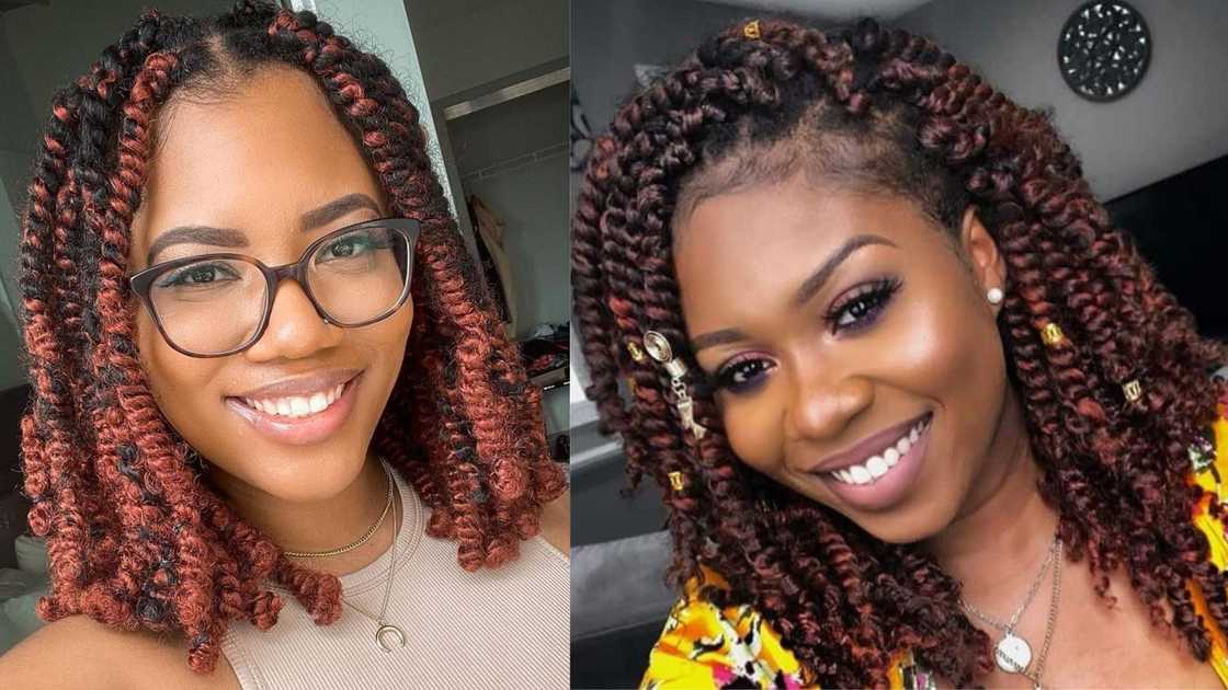 Happy women showcasing their Springy twists with red highlights Happy women showcasing their Springy twists with red highlights