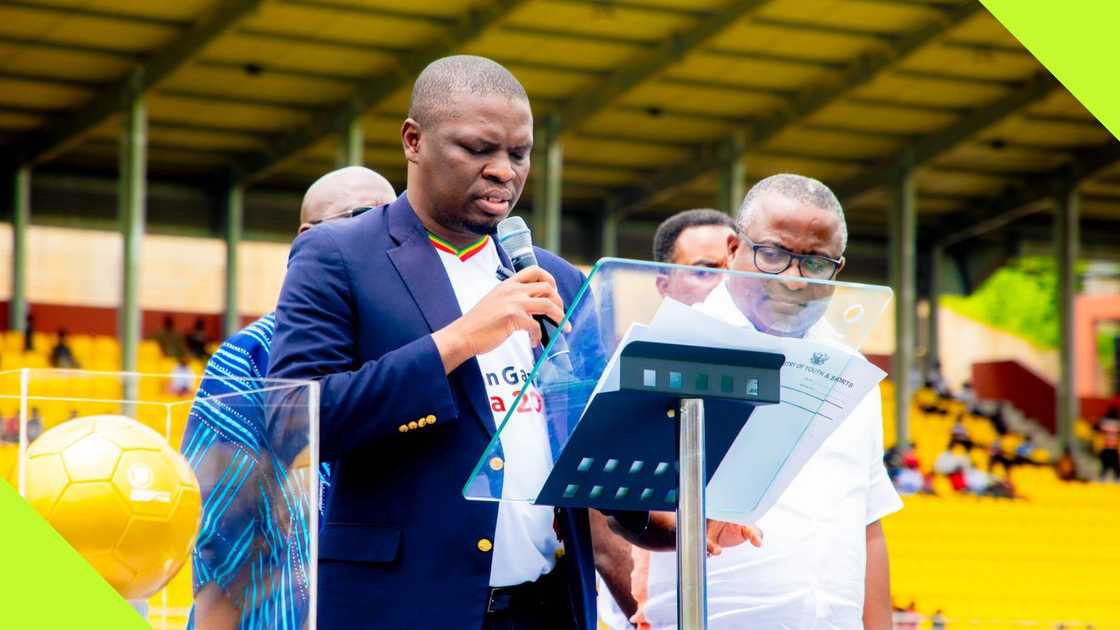 Mustapha Ussif, the Minister in charge of youth and sports in Ghana, delivered a speech at the commissioning of the Tarkwa TNA Stadium.