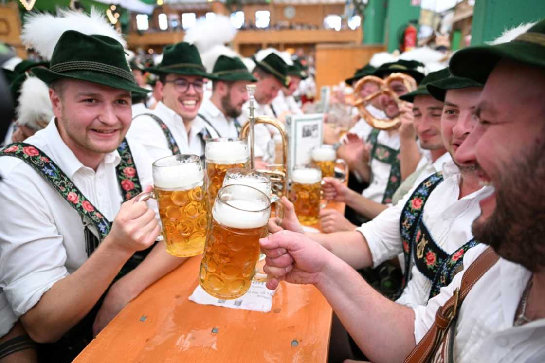 Revellers at Oktoberfest, the world's biggest beer festival, in Munich