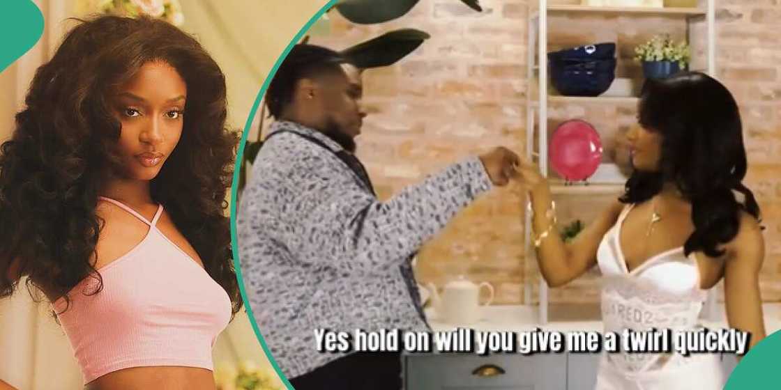 Ayra Starr and a young man on a cooking show. Ayra Starr and a young man on a cooking show.