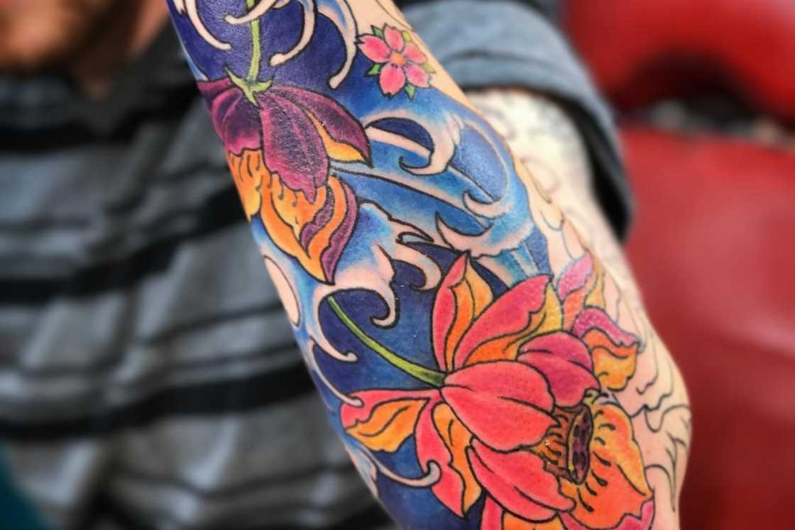 Colourful lotus flower hand tattoo Colourful lotus flower hand tattoo