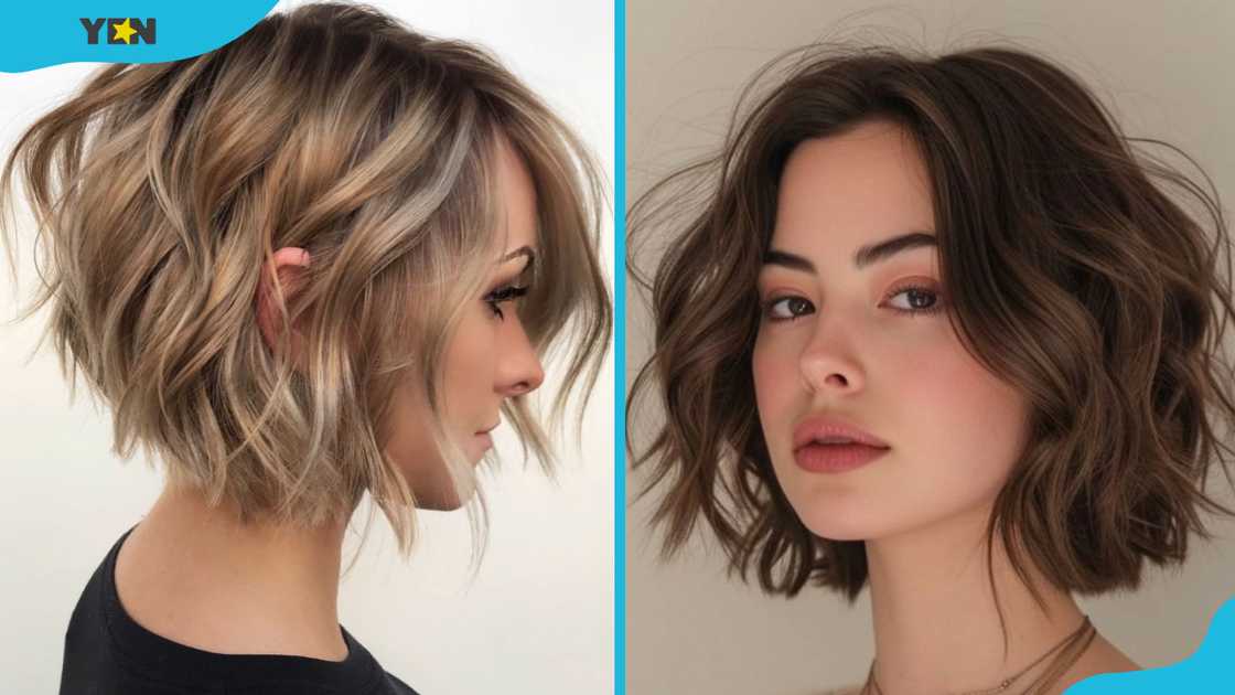 Bronde wavy butterfly haircut (L). Brunette shade wavy butterfly haircut (R) Bronde wavy butterfly haircut (L). Brunette shade wavy butterfly haircut (R)