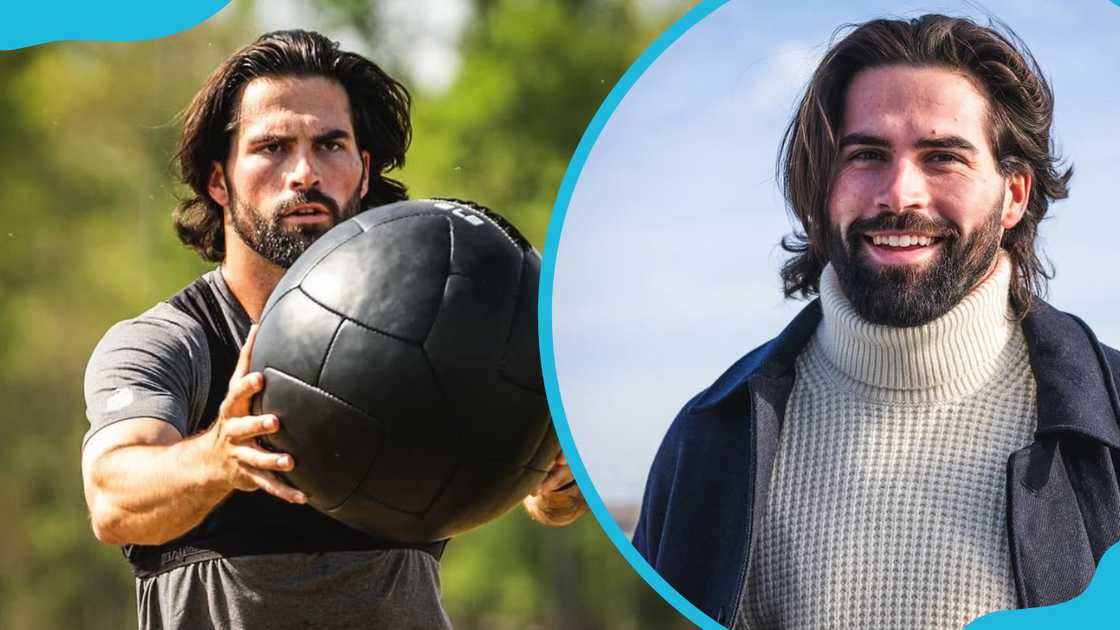 Sam holding a big black ball (L). The athlete during an outdoor activity (R).