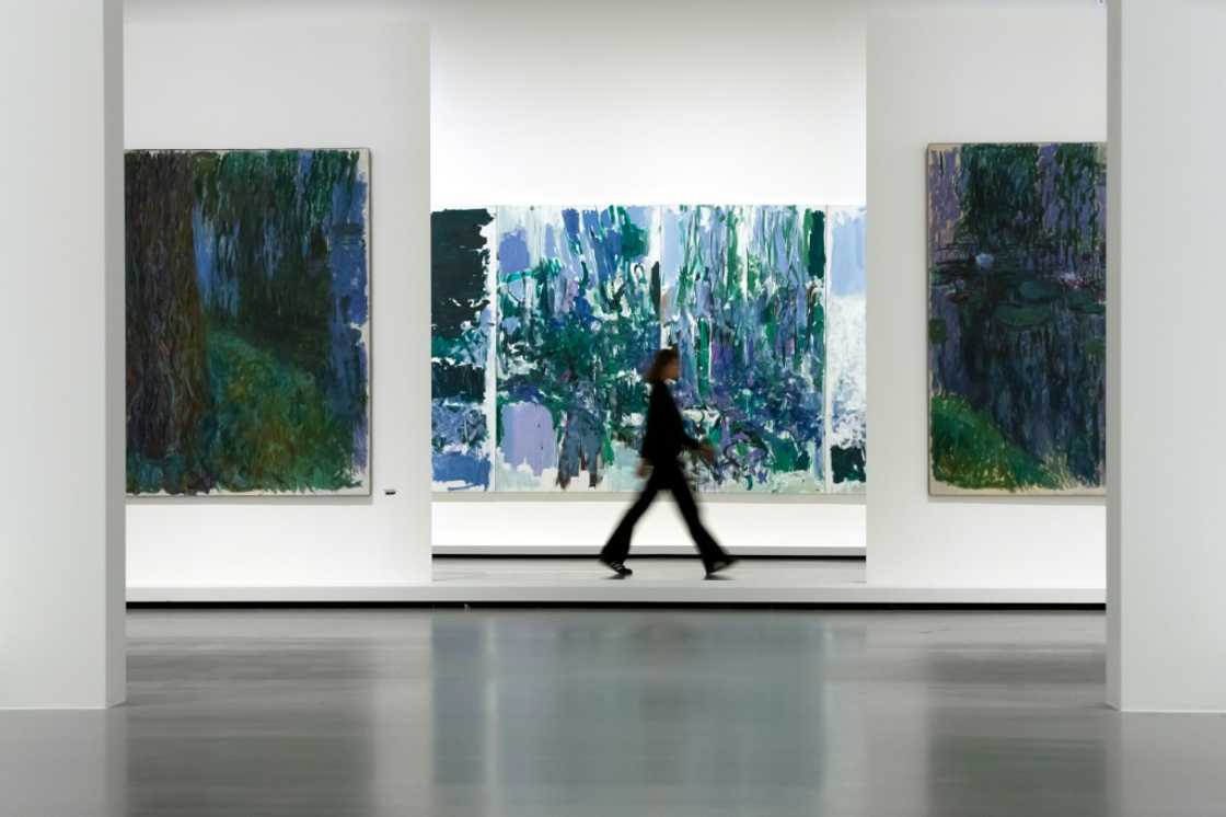 Claude Monet's (L and R) and American artist Joan Mitchell's paintings (C) at the "Monet - Mitchell" exhibition at the Fondation Louis Vuitton in Paris Claude Monet's (L and R) and American artist Joan Mitchell's paintings (C) at the "Monet - Mitchell" exhibition at the Fondation Louis Vuitton in Paris