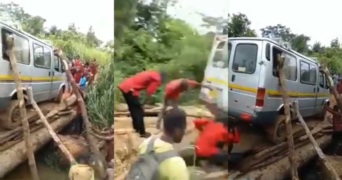 Video of trotro being supported by timber to cross weak wooden bridge stirs reactions