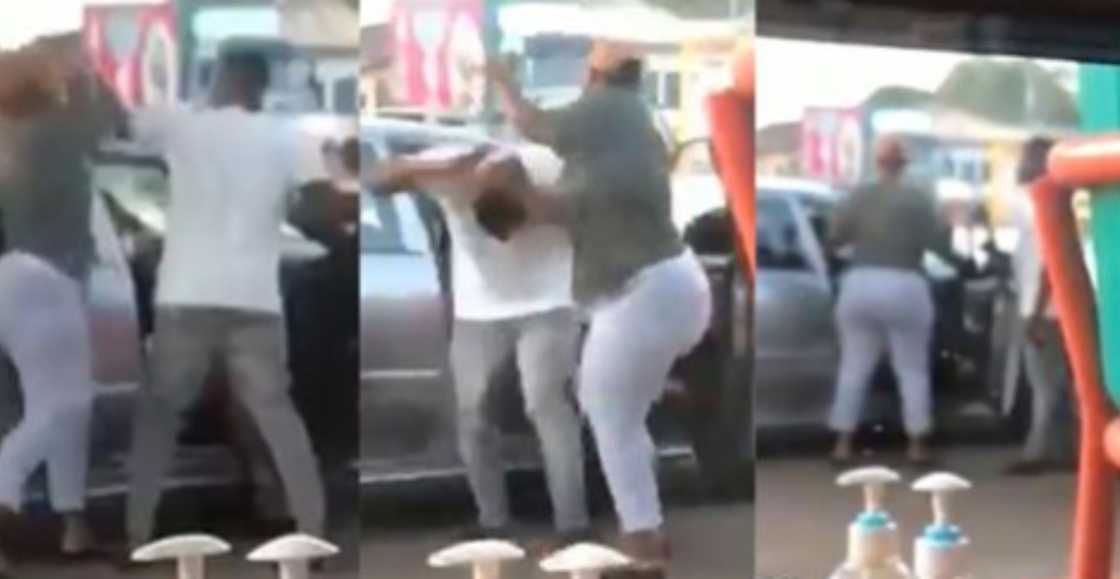 Drama as wife fights cheating husband 'chilling' in town with his side chick (Video)