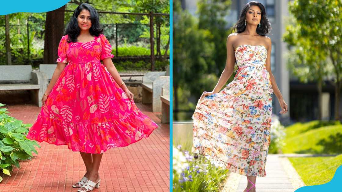 Two models showcase the maxi dress in bright pink (L) and in a strapless flowerly dress (R).