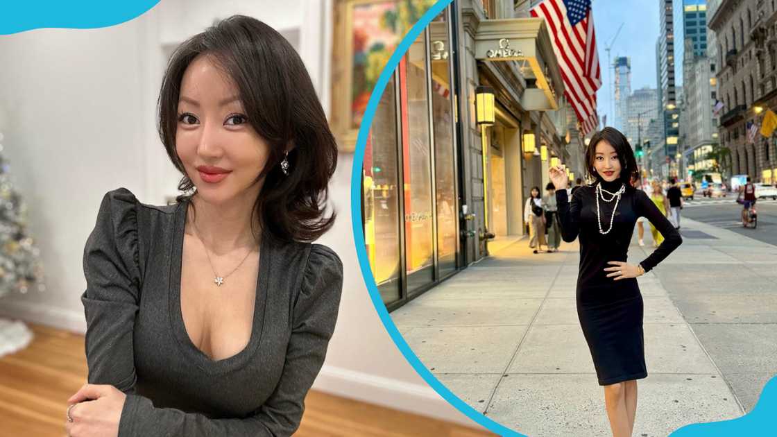 Yeonmi Park is pictured in a grey outfit (L) and a black dress (R) Yeonmi Park is pictured in a grey outfit (L) and a black dress (R)