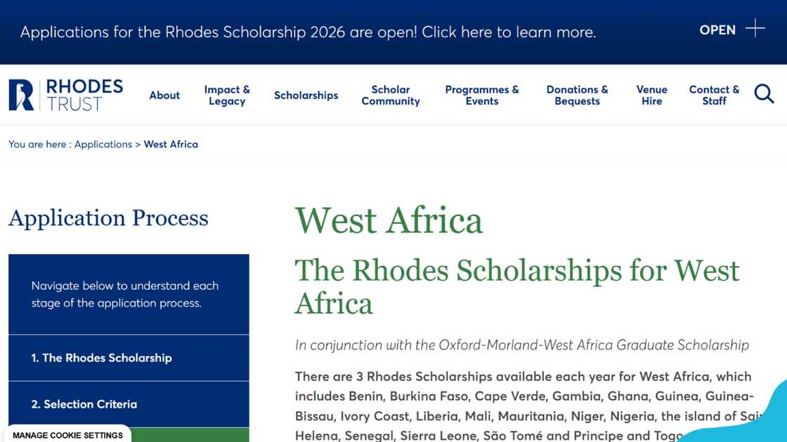 The Rhodes Trust website Application Process page. The Rhodes Trust website Application Process page.
