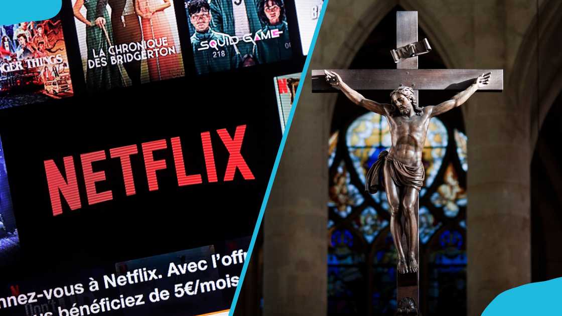 The Netflix logo on a TV screen (L). Statue of Jesus Christ on Cross enlightened by sunlight in Saint Étienne du Mont Basilica, Paris (R). The Netflix logo on a TV screen (L). Statue of Jesus Christ on Cross enlightened by sunlight in Saint Étienne du Mont Basilica, Paris (R).