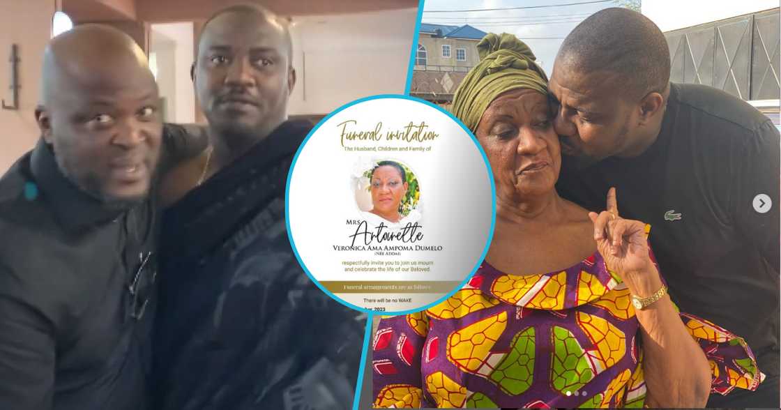 Photos of Ibrahim Mahama, actor John Dumelo, and actor's late mum. Photos of Ibrahim Mahama, actor John Dumelo, and actor's late mum.