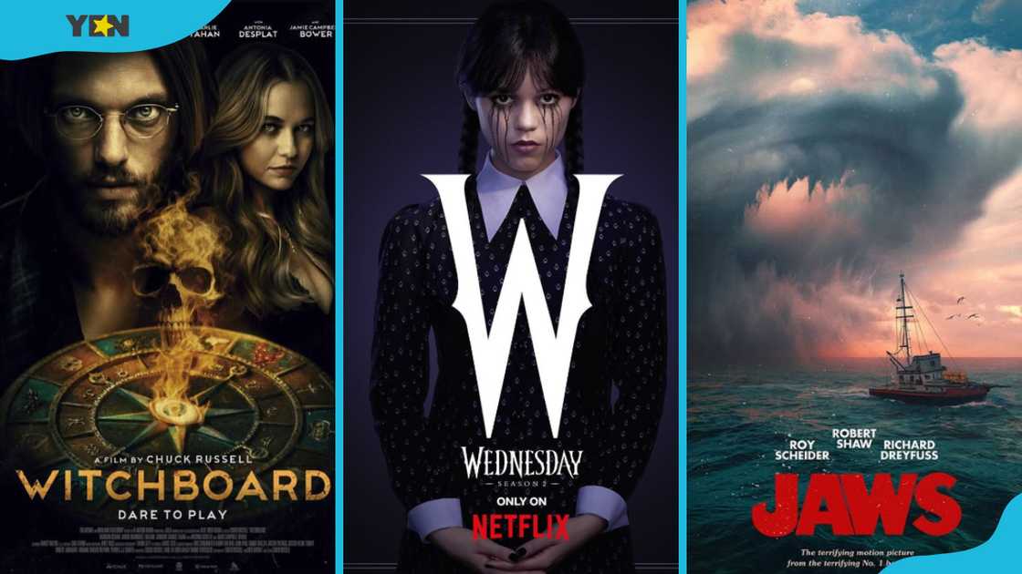 Witchboard, Wednesday Season 2, and Jaws posters Witchboard, Wednesday Season 2, and Jaws posters