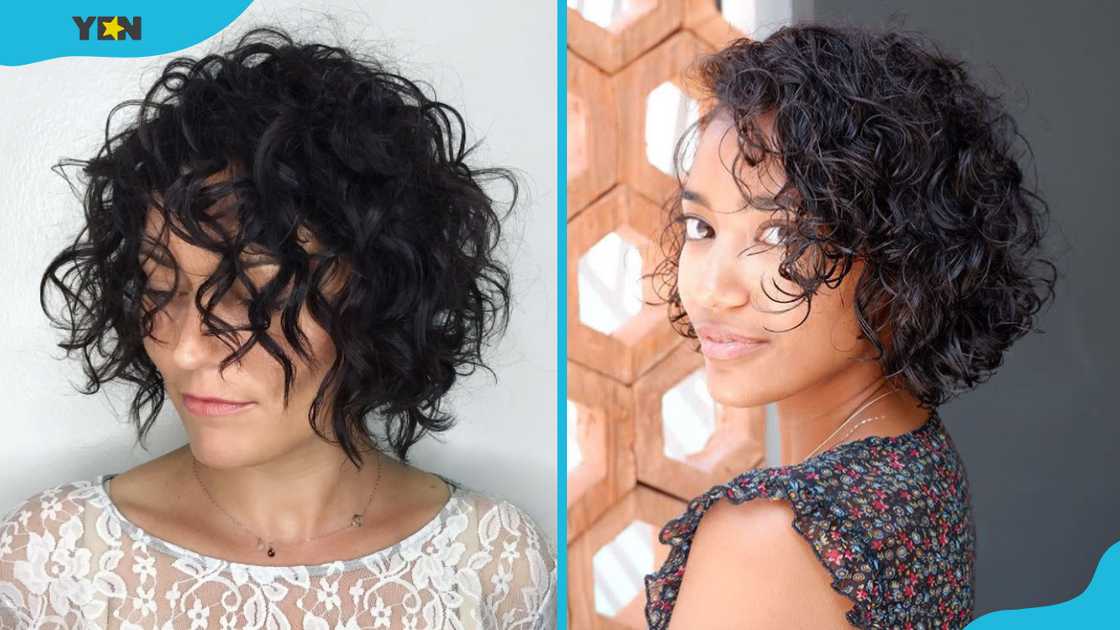 Curly butterfly haircut with bangs (L). Side swept curly butterfly haircut (R) Curly butterfly haircut with bangs (L). Side swept curly butterfly haircut (R)