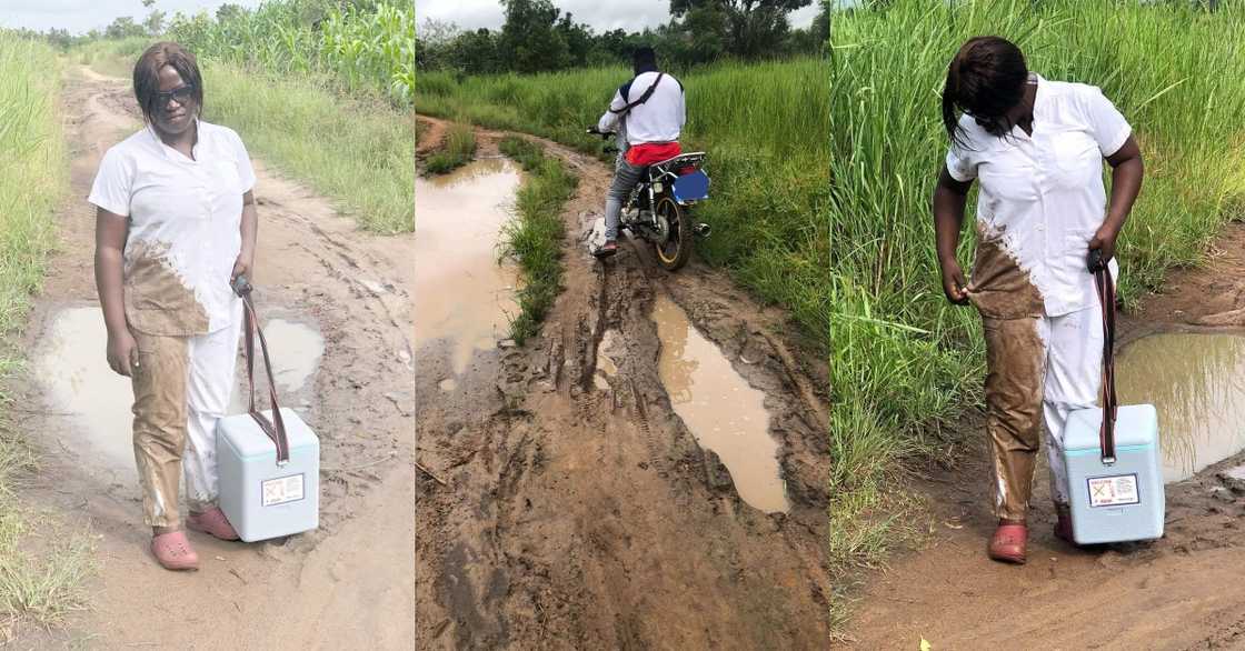 Blessed Angel: Ghanaian Community Nurse falls in mud Whilst on way to give Emergency Service