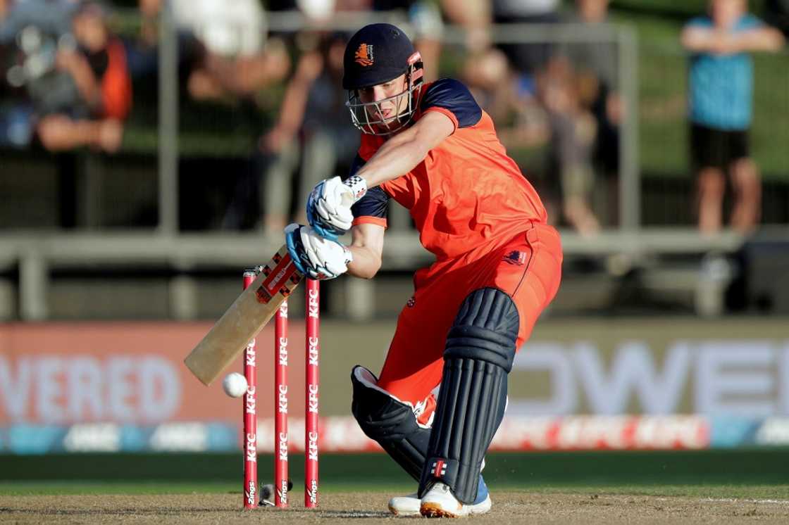 Netherlands' Bas de Leede plays a shot during a one-day international against New Zealand in Hamilton on April 2, 2022. Netherlands' Bas de Leede plays a shot during a one-day international against New Zealand in Hamilton on April 2, 2022.