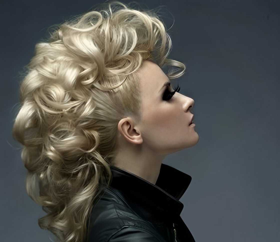 A blonde faux hawk style